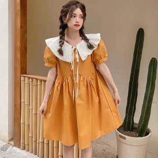 Váy babydoll tiểu thư chiết eo cổ viền sơ mi, Đầm nữ ulzzang rộng tay bo chun form rộng xinh xắn