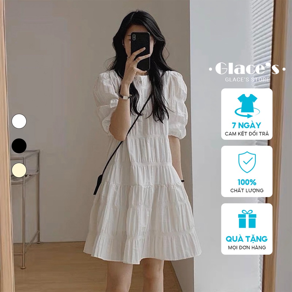 Váy đuôi cá GLACE Váy đầm suông babydoll dáng ngắn tay phồng chất liệu xốp nhăn dập ly kiểu dáng nữ tính thanh lịch