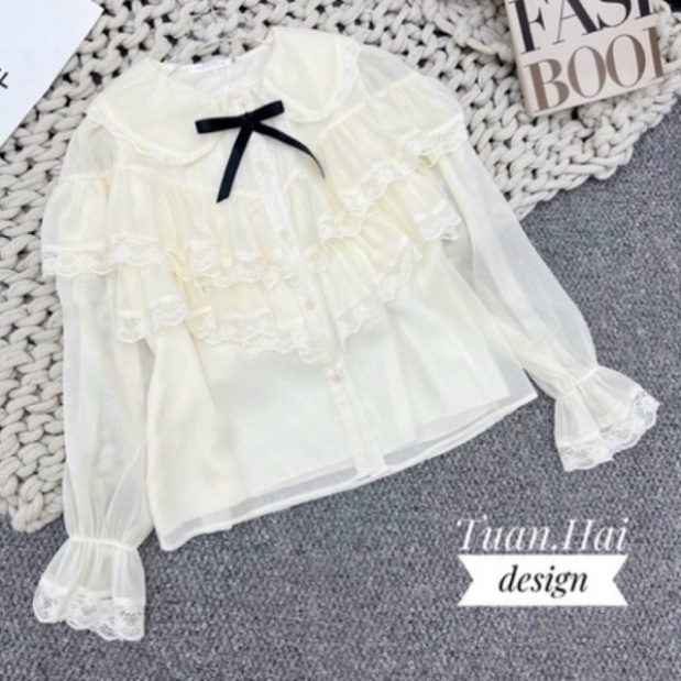 Áo sơ mi tơ 2 lớp phối nơ nội y xanh - chất mát - Áo kiểu mặc dạo phố, đi biển - Nữ Tay Phồng Buộc Dây tiểu thư