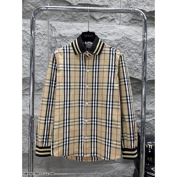 Áo sơ mi kiểu BBR nam nữ dài tay hoạ tiết kẻ sọc màu be phối check cổ và ống tay bo chun dệt sọc đen vàng