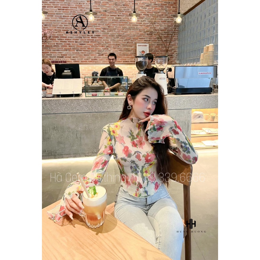 ÁO THUN GIẤY DẬP LI HOA TO NHÚN TÀY DÀI LOE