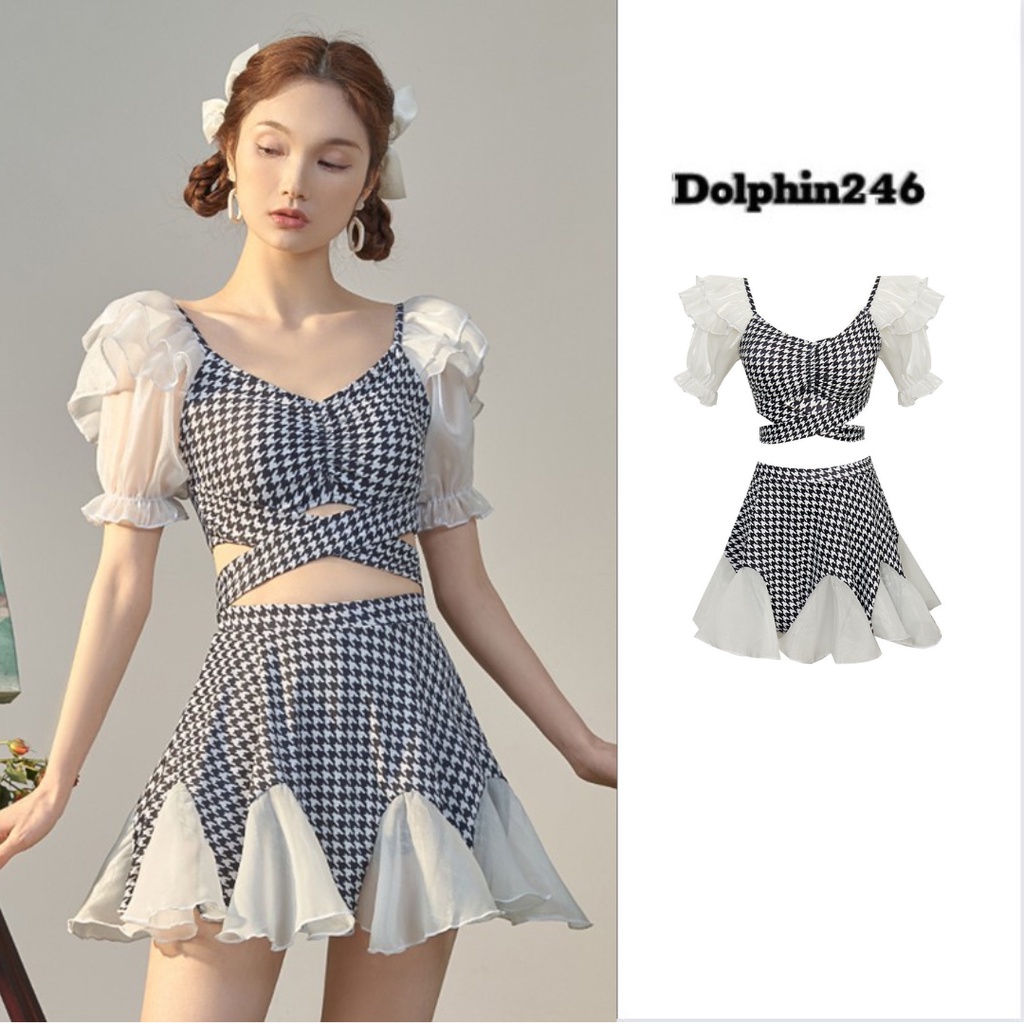 Bikini đi biển đồ bơi nữ 2 mảnh dáng váy tay lửng xinh xắn bánh bèo freesize hàng Quảng Châu cao cấp 0801 3095 B-131