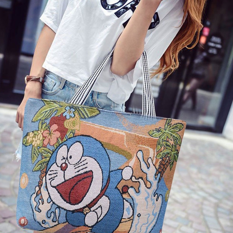 Bololo Túi Xách Vải Dệt Kim Thêu Họa Tiết Hoạt Hình Phong Cách Retro Kích Cỡ Lớn Dành Cho Trẻ Em