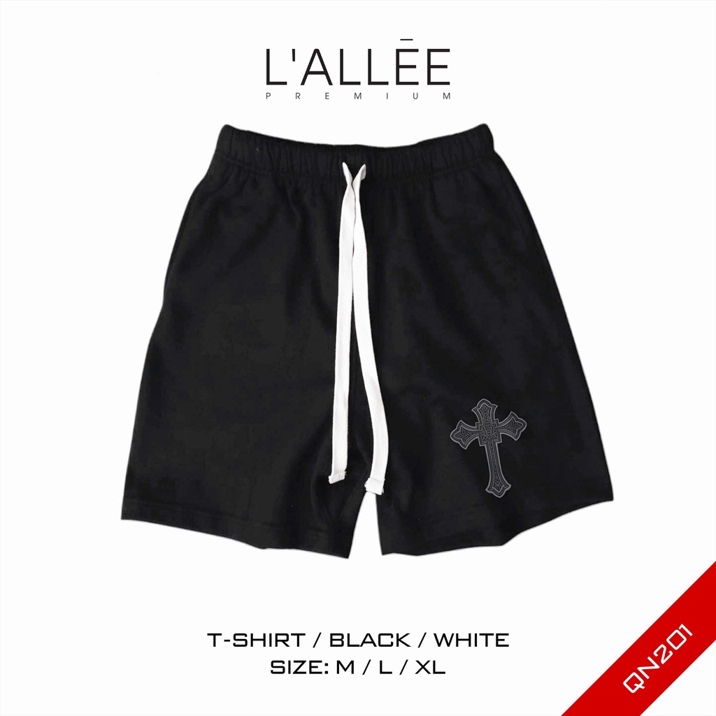 Quần short đùi Nam màu Đen họa tiết chữ thập by Lallee.Design short ngố có túi sau kết hợp dây rút vải Nỉ dày dặn QN201