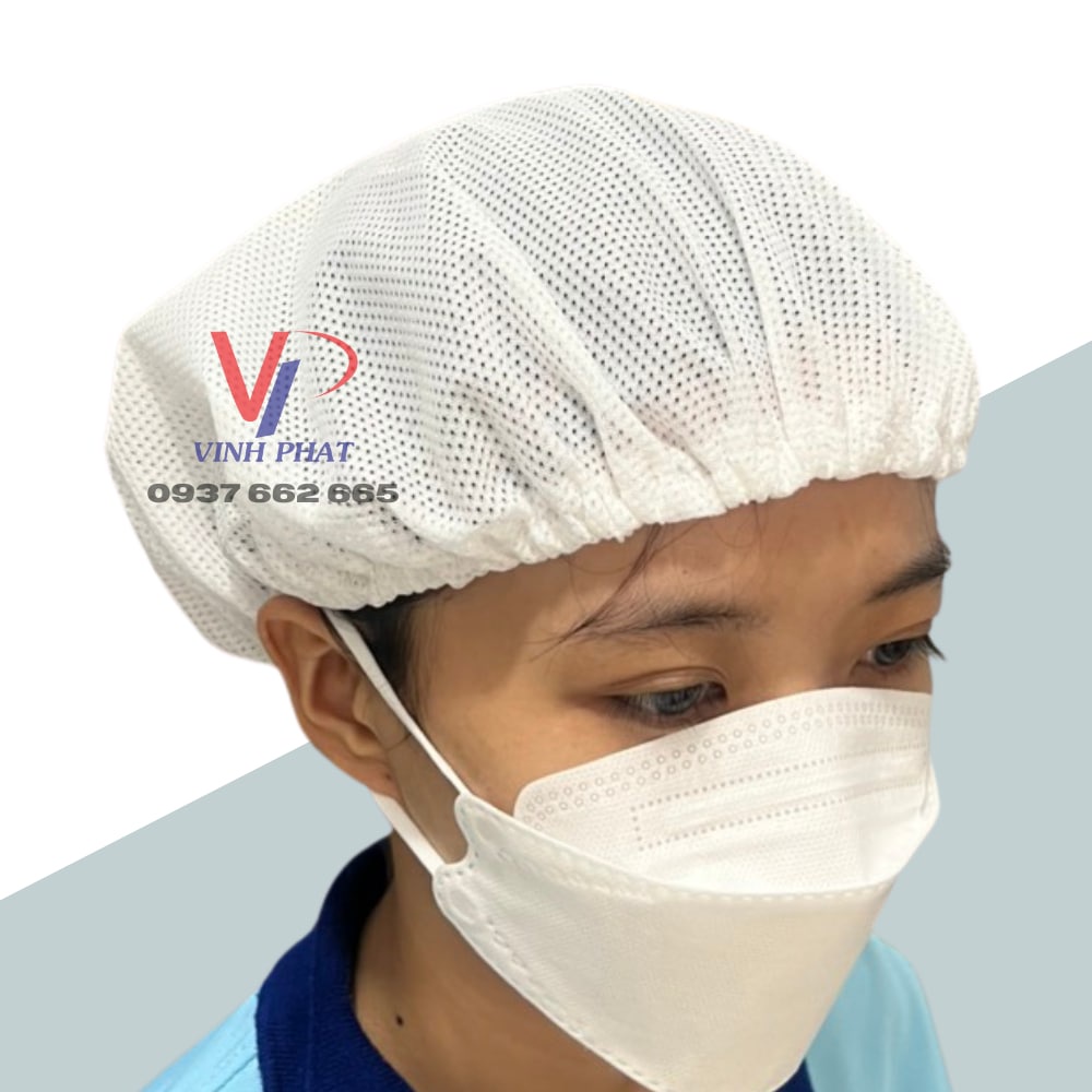 Nón Lưới Trùm Tóc Công Nhân Màu Trắng Trong Sản Xuất Thủy Hải Sản, Mũ Trùm Tóc Y Tế-Hình Thật