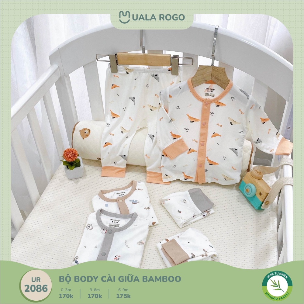 Bộ quần áo sơ sinh cho bé Ualarogo 0-9 tháng dài tay vải sợi tre BAMBOO cúc giữa mềm mại thấm hút thoáng mát 2086