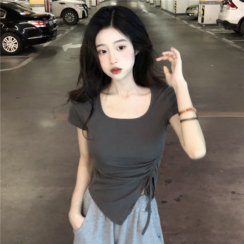 Áo Thun Tay Ngắn Dáng Ôm Thiết Kế Dây Rút Độc Đáo Thời Trang Mùa Hè Mới Cho Nữ