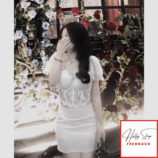 Áo bra corset áo corset ren hoa nổi tay cánh tiên có gọng mút HL004