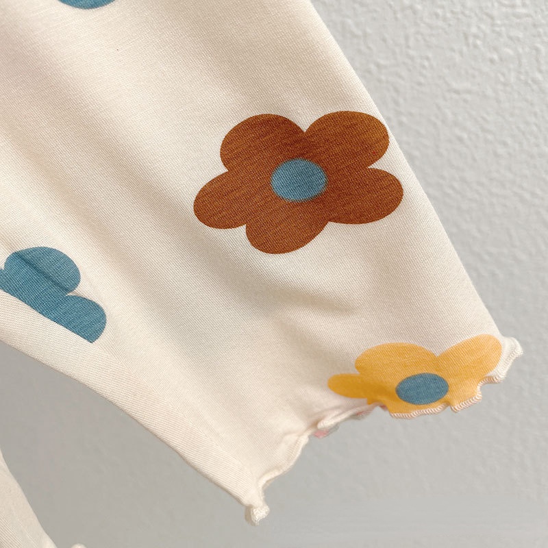 Sun baby Bộ Đồ Ngủ Ngắn Tay Vải Lụa Mỏng In Hoa Dễ Thương Thời Trang Mùa Hè 2023 Cho Bạn Gái