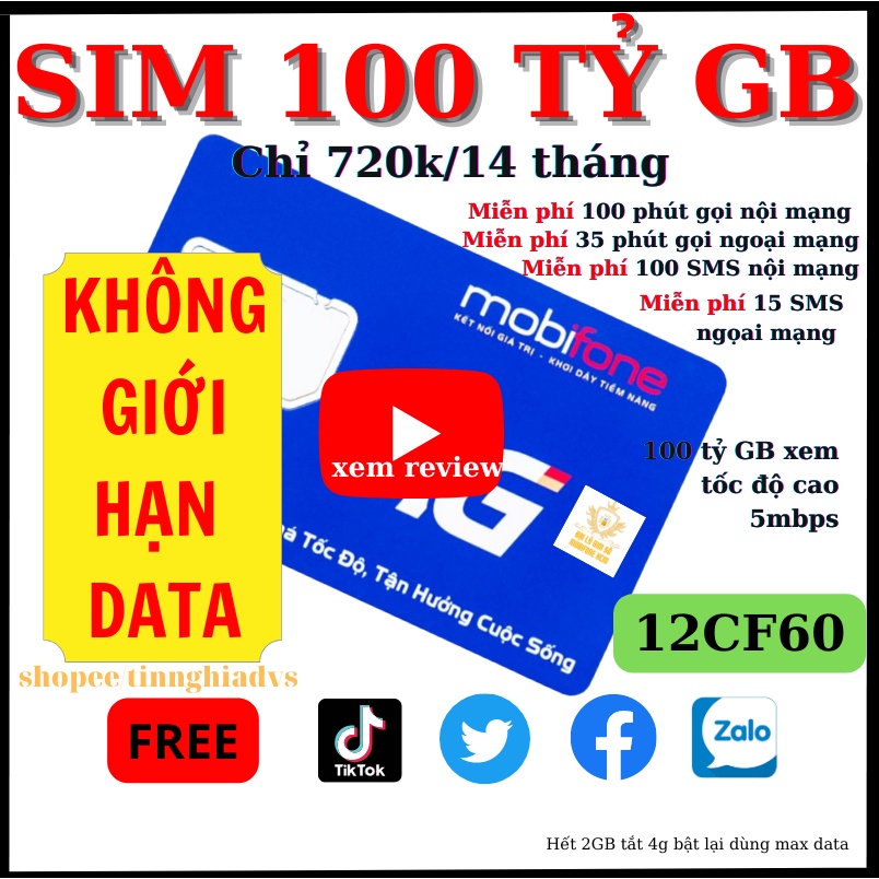 Sim 4G mobifone CF60 data không giới hạn dung lượng ( 10 tỷ gb tốc độ cao 5mb/s) - 100 phút gọi nội ngoại mạng