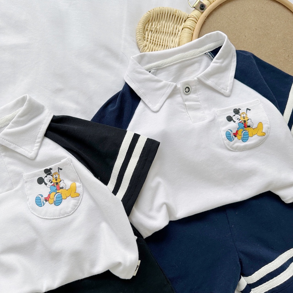 Bộ polo cotton cộc tay phối kẻ Mozi cho bé trai bé gái