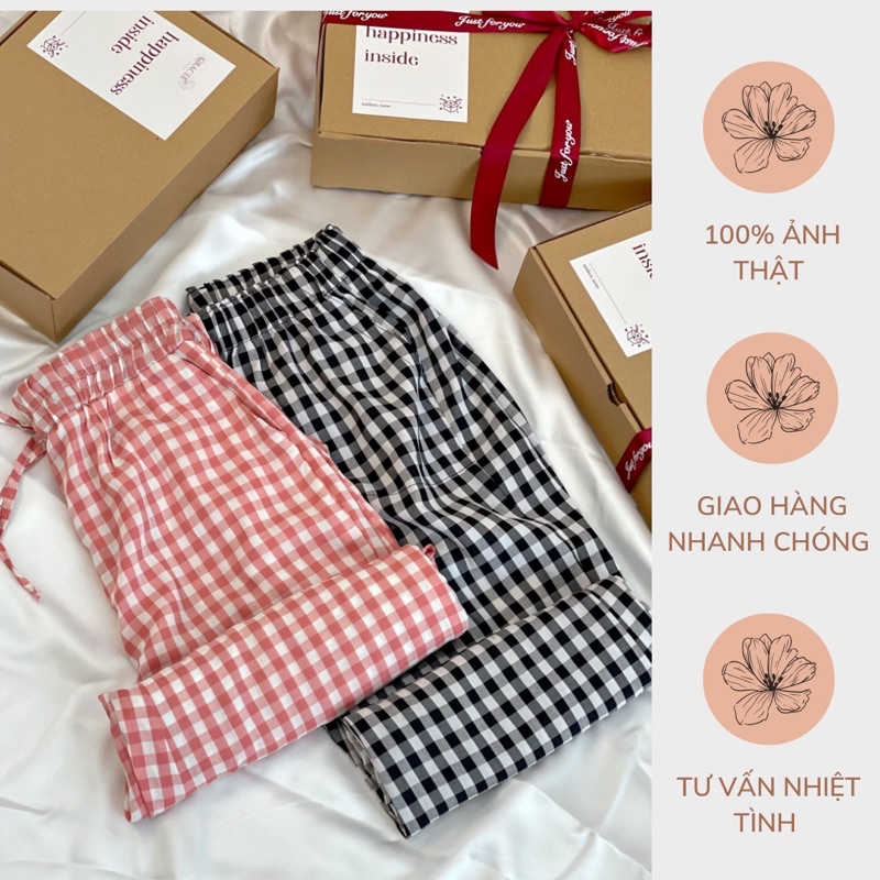 Quần ống rộng kẻ caro dáng suông dài mặc nhà mùa hè chất cotton thô thoải mái thoáng mát không nhăn