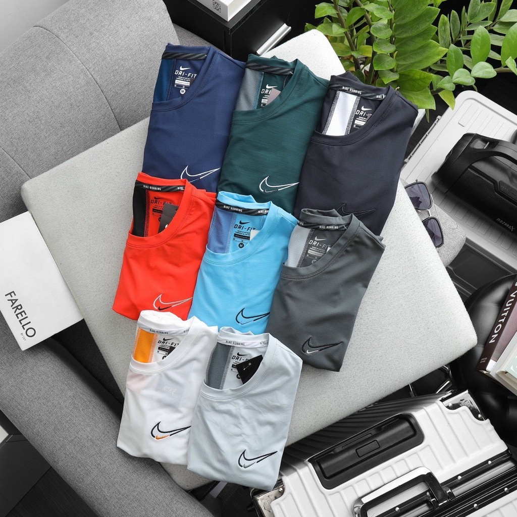 Áo thun nam thể thao tập gym chạy bộ đi chơi t shirt Nike chất thun poly 4 chiều thoáng mát phom đẹp phối sọc trẻ trung