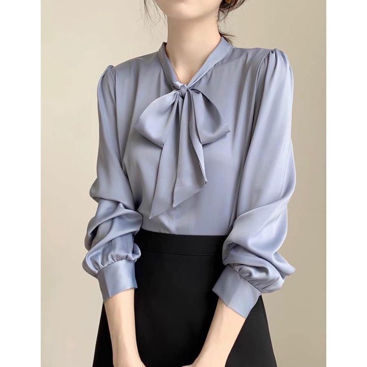 Áo Sơ Mi trung niên nữ HT official,Áo Sơ Mi Nữ Đẹp Tay Dài Cổ Thắt Nơ Chất Lụa Cao Cấp