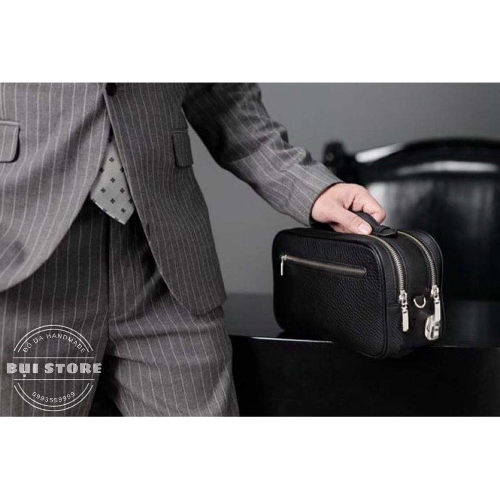 Túi Clutch cầm tay da bò thật, Túi Golf 2 ngăn có khóa số an toàn hàng khâu tay thủ công 100%