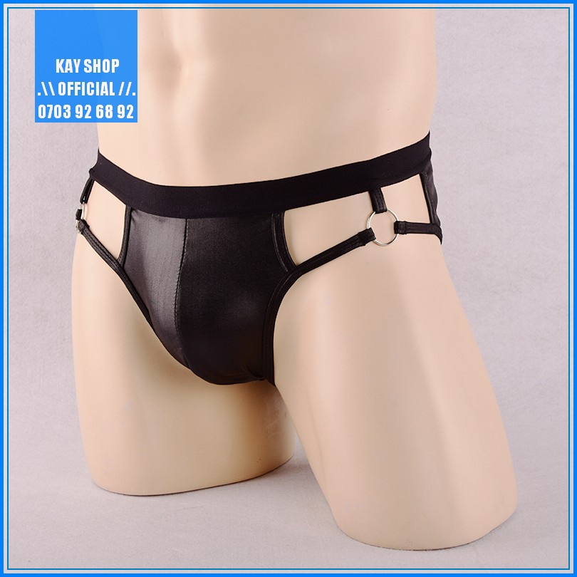 Quần lót jockstrap nam dây giả da sexy khoen ôm mông căng tròn gợi cảm - Quần sịp nam màu đen Freesize trơn bóng