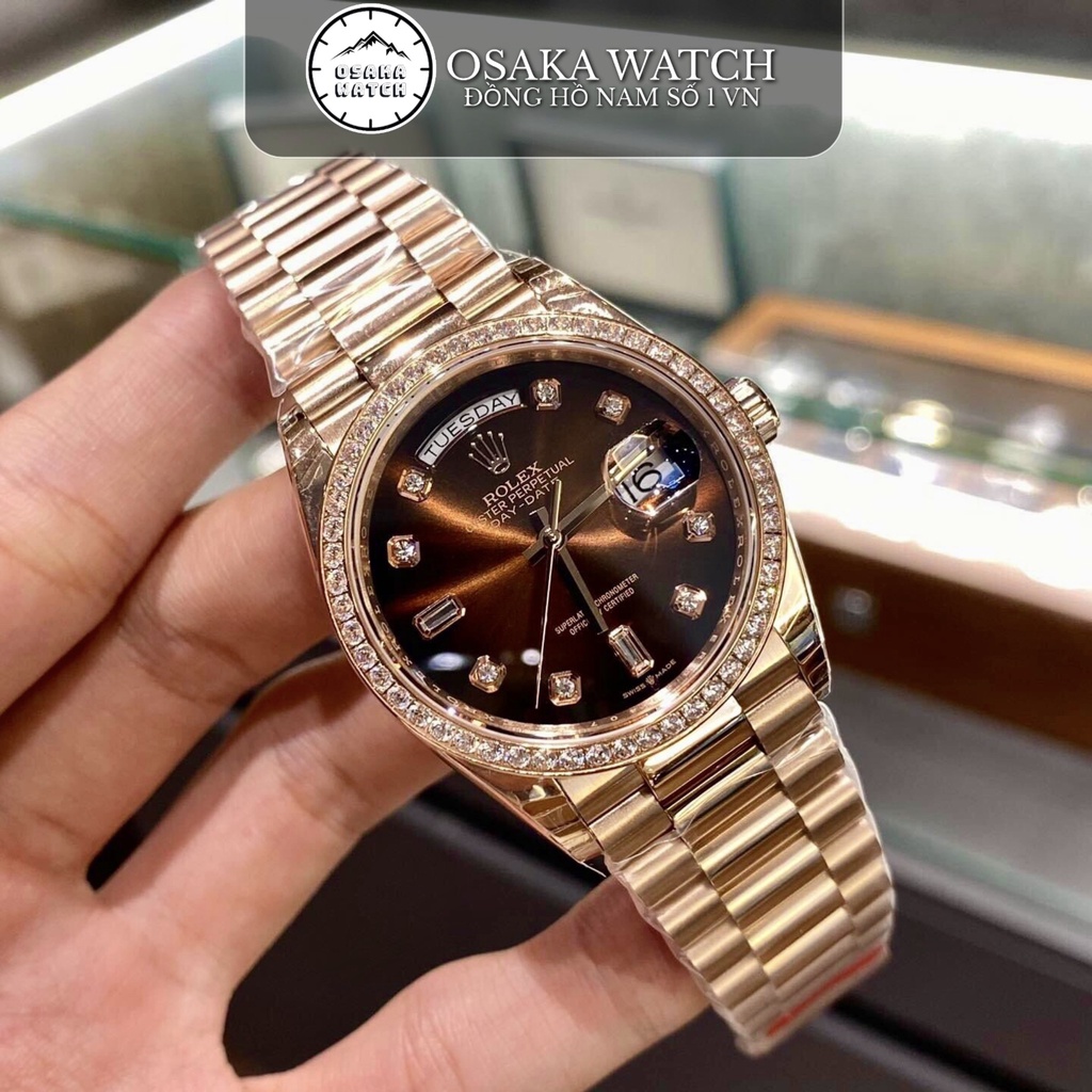 Đồng Hồ Cơ Nam Rolex Day Date Kim Cương Dây Kim Loại Lịch Đôi Ngày Thứ Đính Đá Chống Nước Chống Xước Cao Cấp