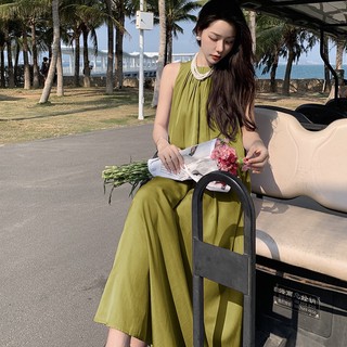 Đầm maxi xanh bơ cổ tròn không tay