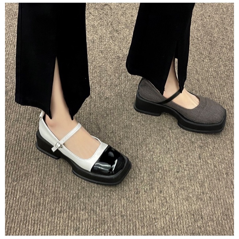 Giày búp bê nữ mũi vuông đế cao 5cm có quai khoá cài