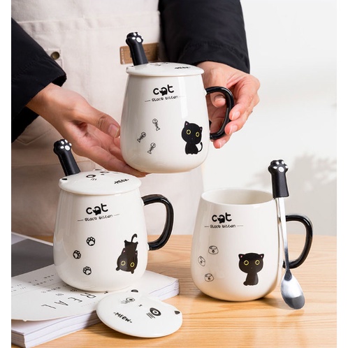 Cốc ly sứ Black Cat kèm nắp, thìa họa tiết mèo 3D dễ thương Cốc Cốc dùng để uống nước, pha trà, cà phê, quà tặng bạn bè