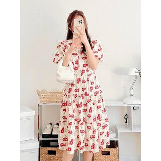 Váy cổ tim tay bồng hoa đỏ dáng dài
