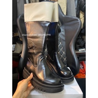 Boot đùi mũi tròn, cổ da phối màu (có video)