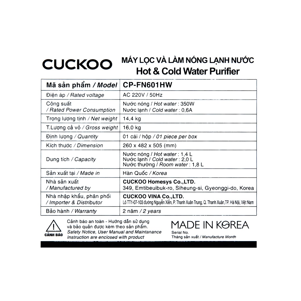 Máy lọc nước Cuckoo nóng lạnh để bàn CP-FN601HW