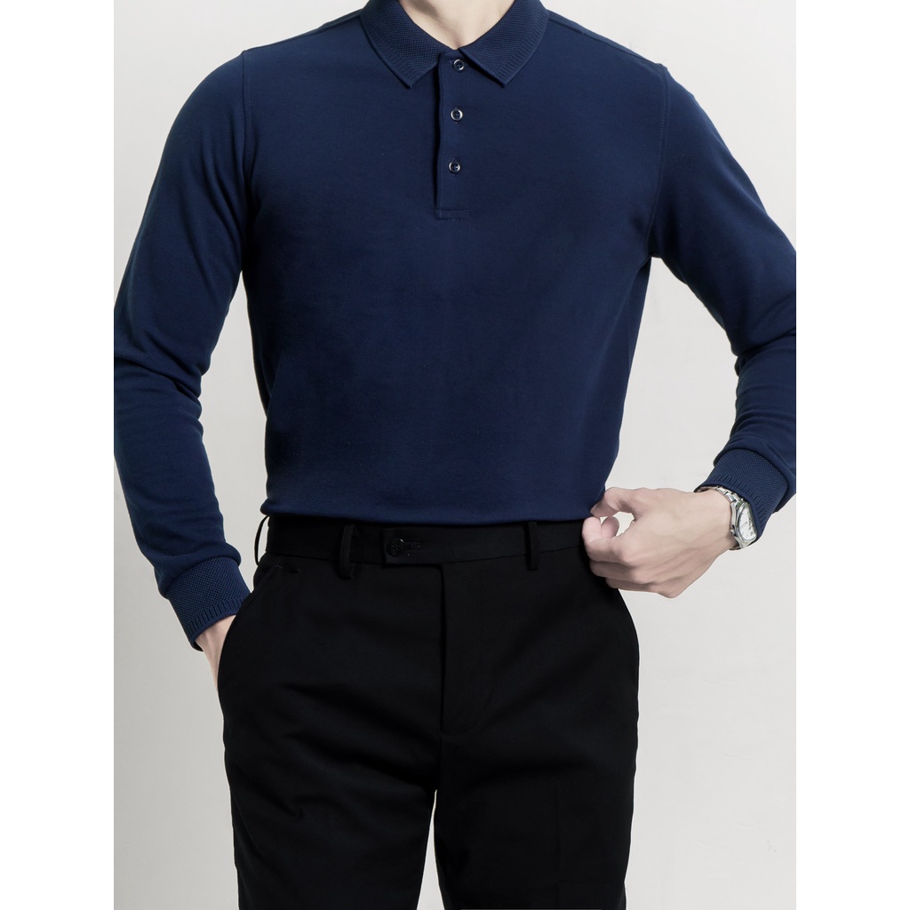 Áo Polo Dài Tay Trơn CF Màu Xanh Navy Vải Cotton Mềm Mịn - CEFFYLO