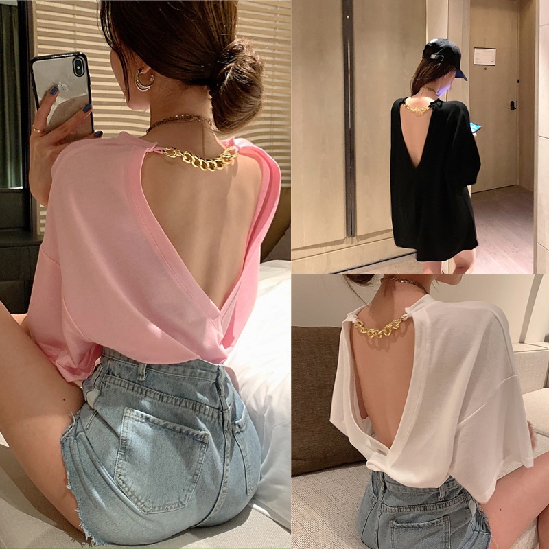 Áo Thun Tay Ngắn Dáng Rộng Hở Lưng Thời Trang Quyến Rũ Cho Nữ