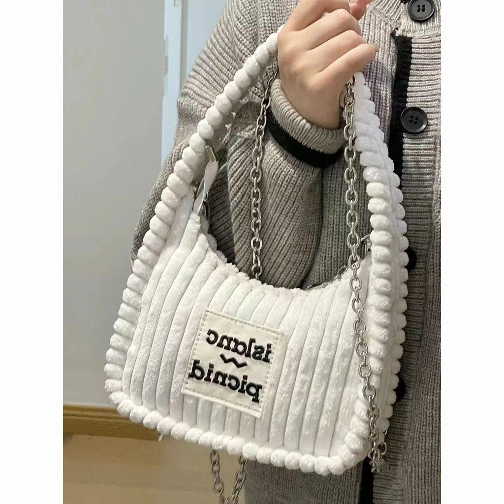 Túi Xách Đeo Vai Vải Nhung In Chữ Phong Cách Đường Phố Cho Nữ