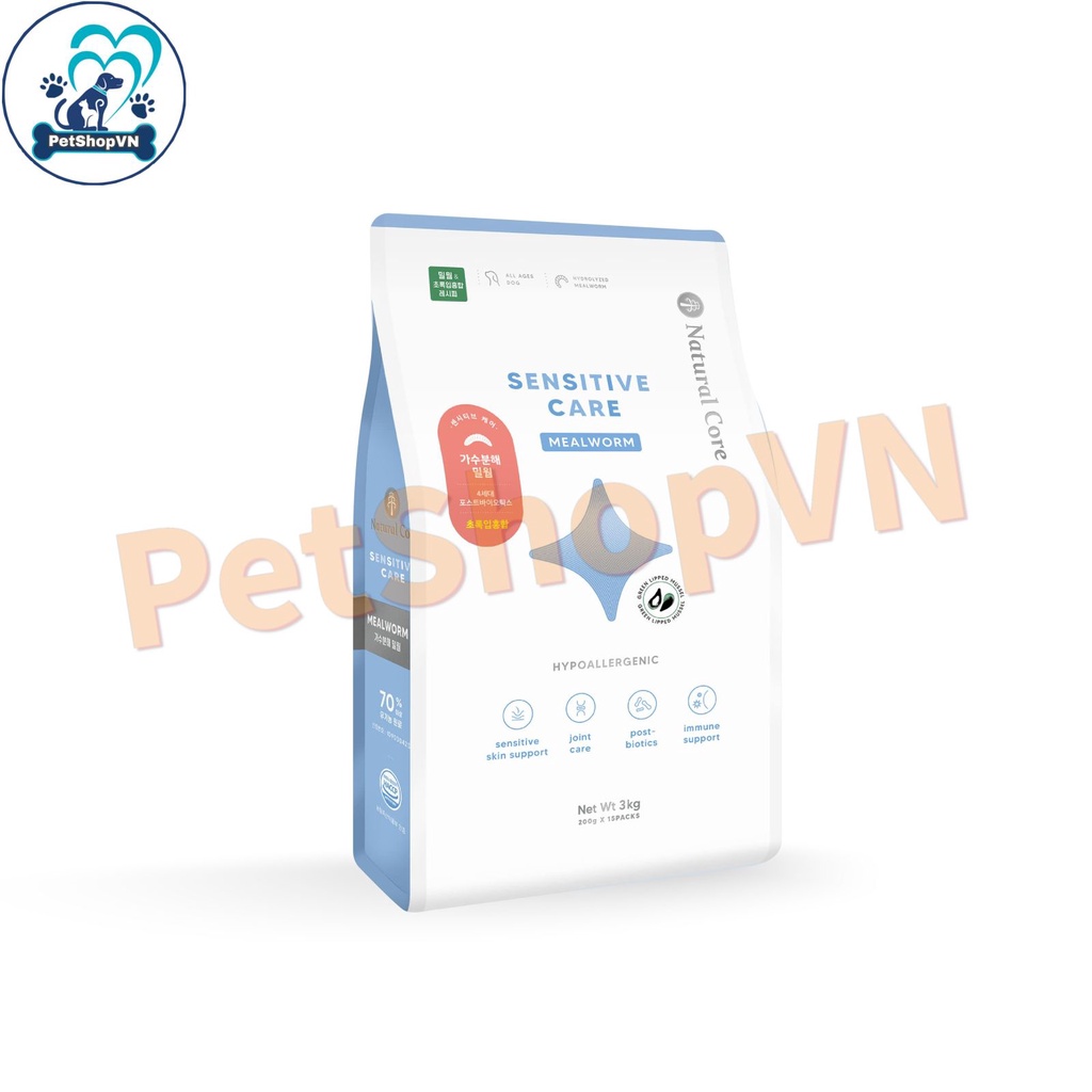 Thức Ăn Hạt Cho Chó Bị Dị Ứng Hạt NATURAL CORE SENSITIVE CARE MEALWORM Túi 800G Chứa Protein Côn Trùng, Cải Thiện Dị Ứng