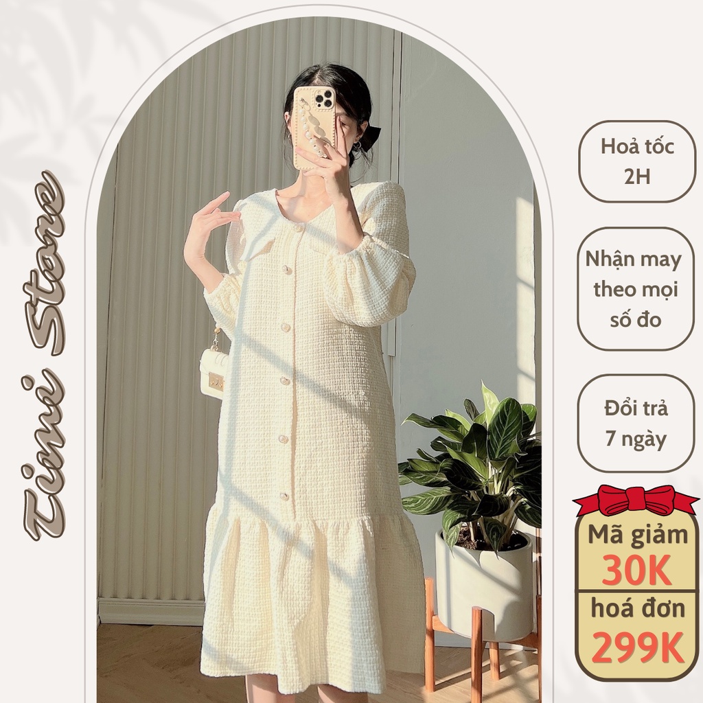 Váy Bầu Thu Đông dạ len đuôi cá cổ V 2 màu be và cốm size từ 40-100kg- ảnh thật GM059