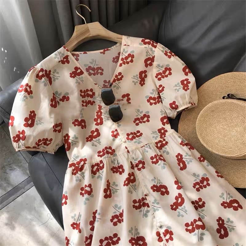 Váy Đầm Nữ Cổ Tim Tay Bồng Hoa Nhí Dáng Dài Babydoll Form Dễ Mặc