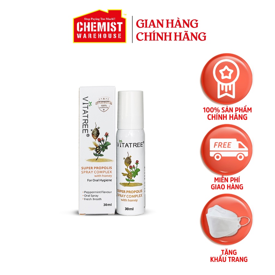 Xịt keo ong Vitatree Super Propolis Spray Complex with honey hỗ trợ giảm ho, ngứa rát họng 30ml của Úc