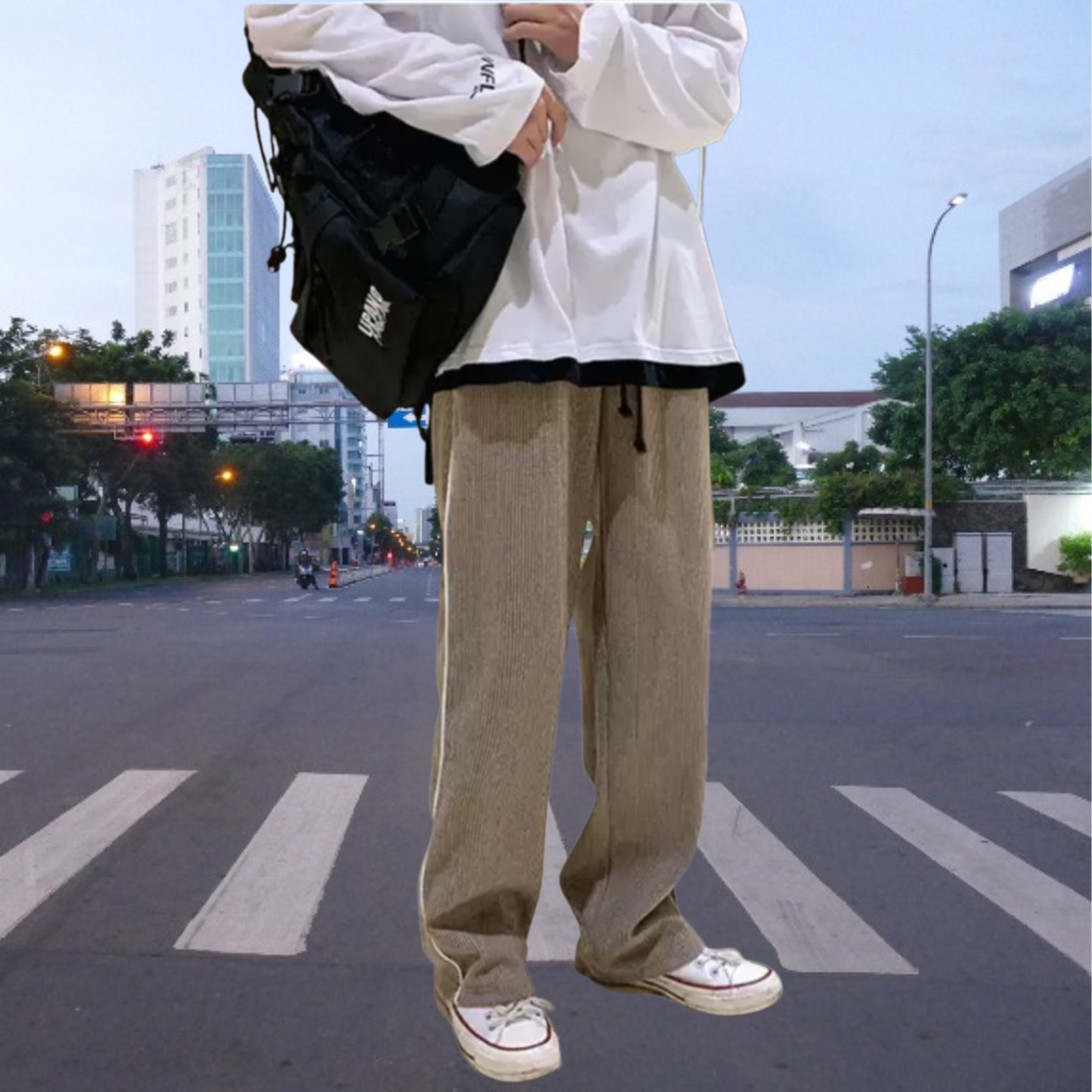 Quần Baggy Nhung Ống Rộng Nam Viền Sọc Cạp Chun Trẻ Trung, Quần Dài Kaki Unisex Nam
