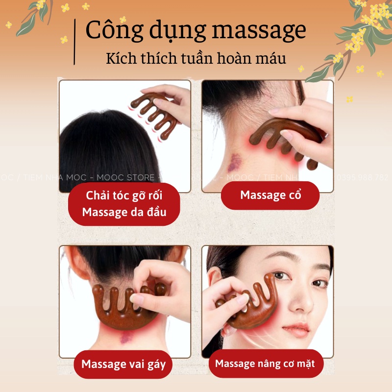 Lược Cẩm Gỗ Đàn Hương Mát Xa Da Đầu, Tạo Phồng Kích Mọc Tóc - Lược Massage Thư Giãn Giảm Đau Đầu Vai Gáy, Giảm Stress