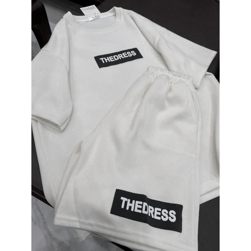 Set bộ thể thao nam nữ UNISEX chất  nhung tăm thêu logo THEDRESS màu trắng đe- áo thun tay lỡ kèm quần short đùi ulzzang