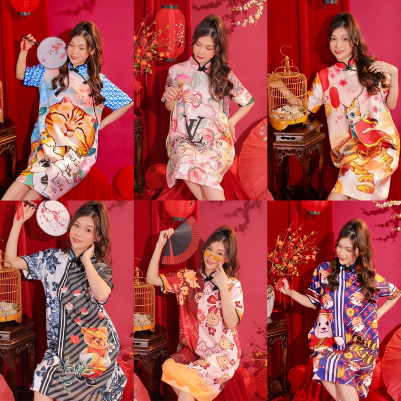 Đầm sườn xám cách tân tay ngắn form rộng in hoa văn 3D vải poly co giãn - Chichi Clothes
