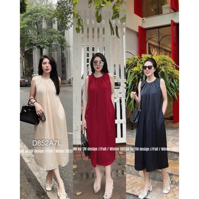 Đầm Maxi Lụa Đi Biển Đầm Suông Chữ A Xếp Ly Không Tay Dáng Dài Có Túi Hông Bầu Bì Bon Chen