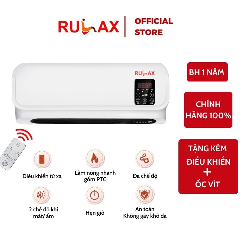 Máy Sưởi Gốm Ceramic Rulax 2 Chiều Cao Cấp Làm Nóng Nhanh,Treo Tường Kèm Điều Khiển Từ Xa- Công Suất 1800W |BH 12 Tháng|