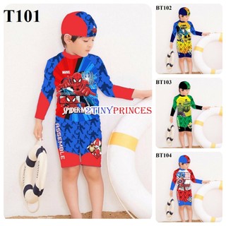 Bộ đồ bơi dài tay siêu nhân người nhện kèm nón bơi cho bé trai 12-42 kg - Đồ bơi bé trai DBBT101