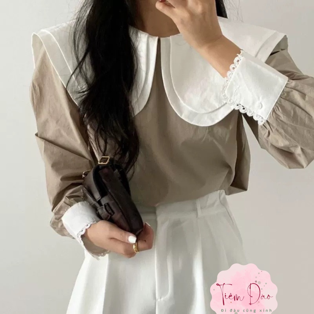 Áo sơ mi thô nữ tay bồng cổ sen, phong cách Hàn Quốc tiểu thư nữ tính, mặc đi làm, đi chơi-Tiệm Đào