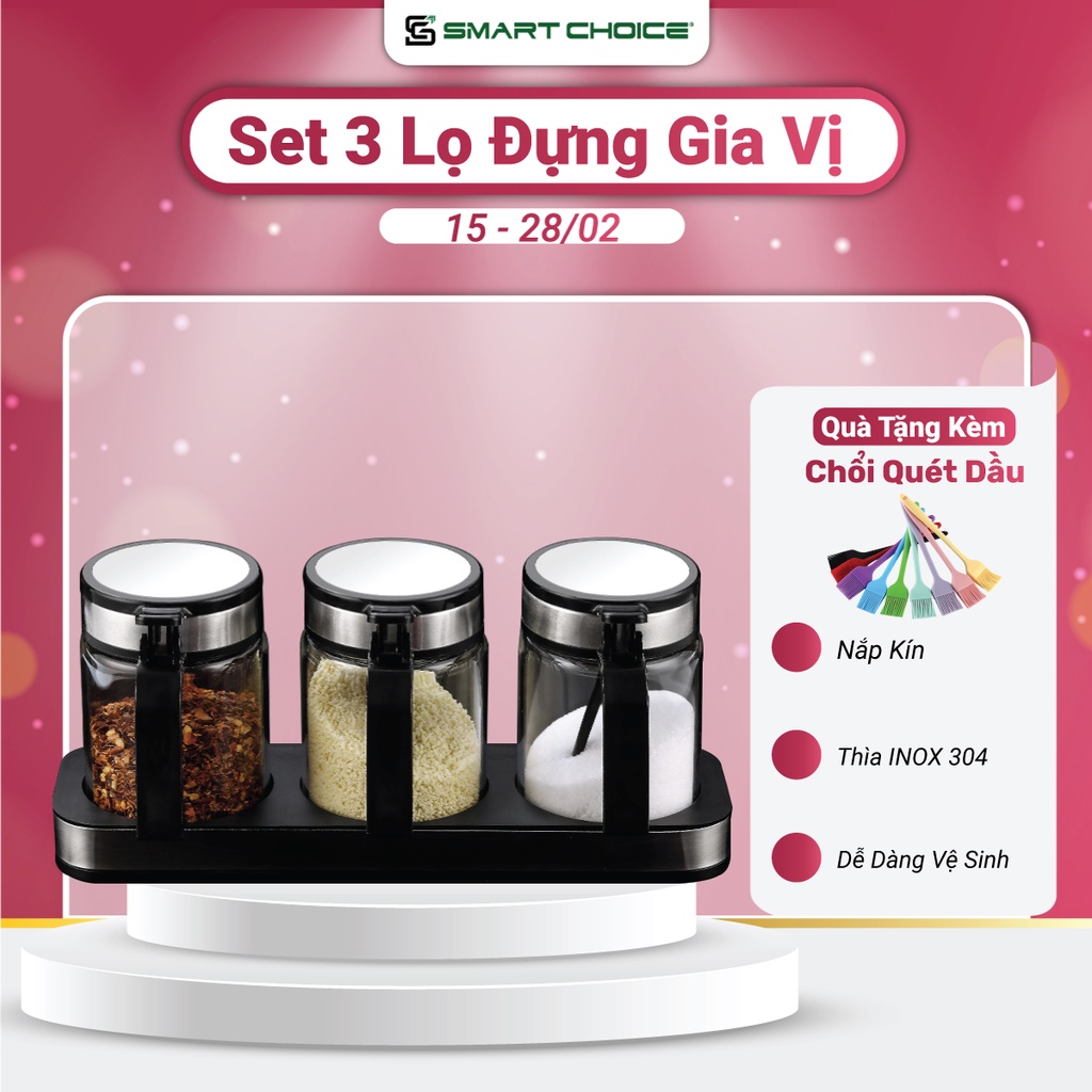Lọ Đựng Gia Vị Thủy Tinh cao cấp SMARTCHOICE nắp Inox 304 - Hàng loại 1 - set 3 hũ tặng thìa gia vị inox - dạng tròn