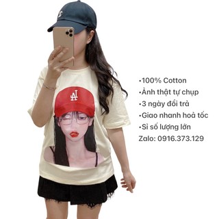 Áo thun Cotton nữ phong cách Hàn Quốc dáng rộng in hình cô gái