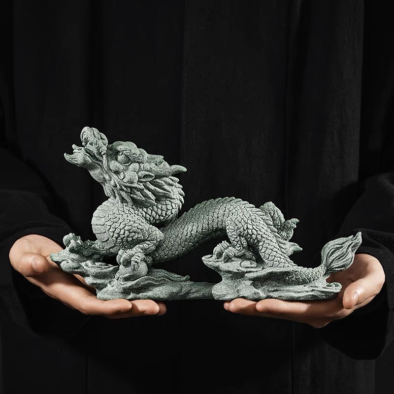 Tượng RỒNG CƯỠI MÂY Đá Sa Thạch Xanh trang trí bàn làm việc, bàn trà, quà tặng ý nghĩa