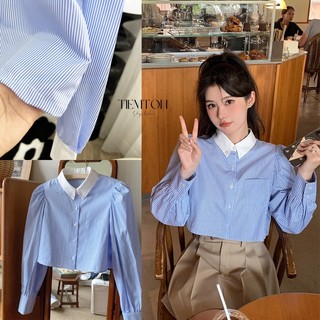 Áo sơ mi croptop kẻ xanh cổ trắng phong cách hàn quốc
