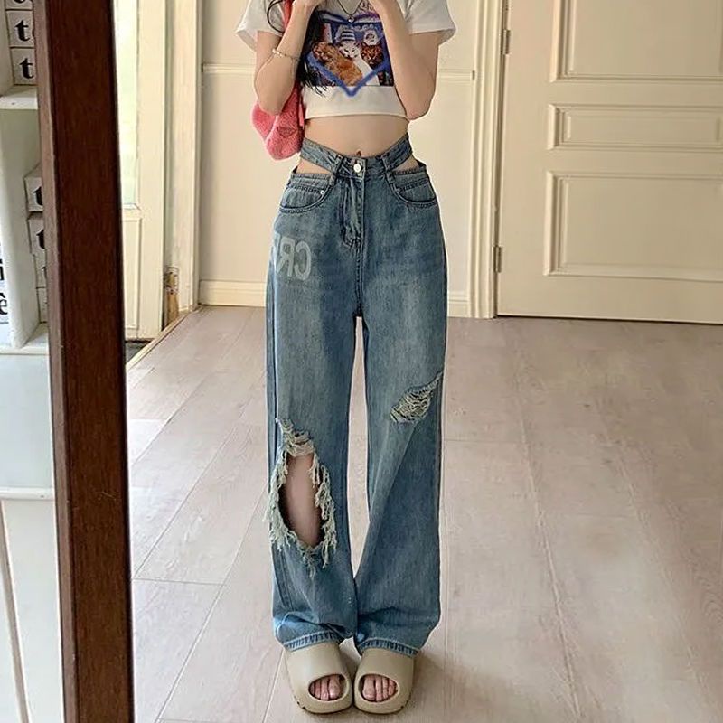 Jiashucheng Quần Jean Dài Lưng Cao Ống Rộng Phối Rách Cá Tính Dành Cho Nữ