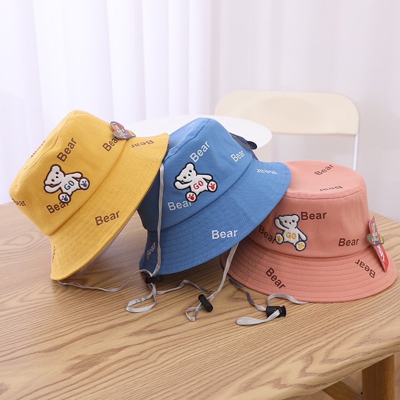 Mũ bé gái rộng vành bucket 2-7 tuổi quai dây thời trang đáng yêu họa tiết gấu bear ( Mũ Bucket gấu bear )