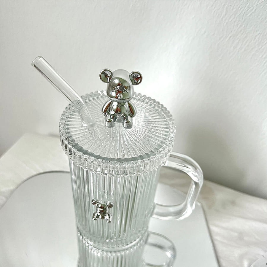 Cốc Thuỷ Tinh Gấu Bearbrick 400ml Kèm Nắp Và Ống Hút Siêu Sang Chịu Nhiệt Cao Cấp