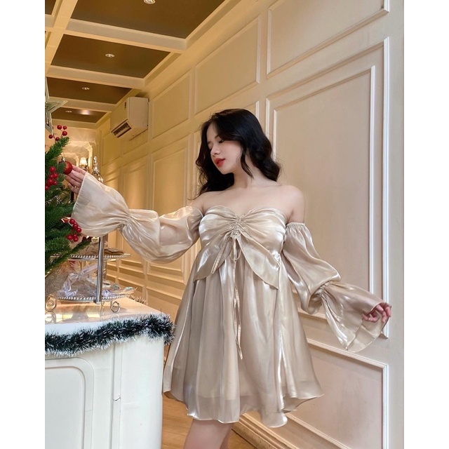 Đầm tiểu thư công chúa trễ vai dễ thương cúp nhún ngực organza lấp lánh cao cấp xoè tiểu thư công chúa Crystal Dress